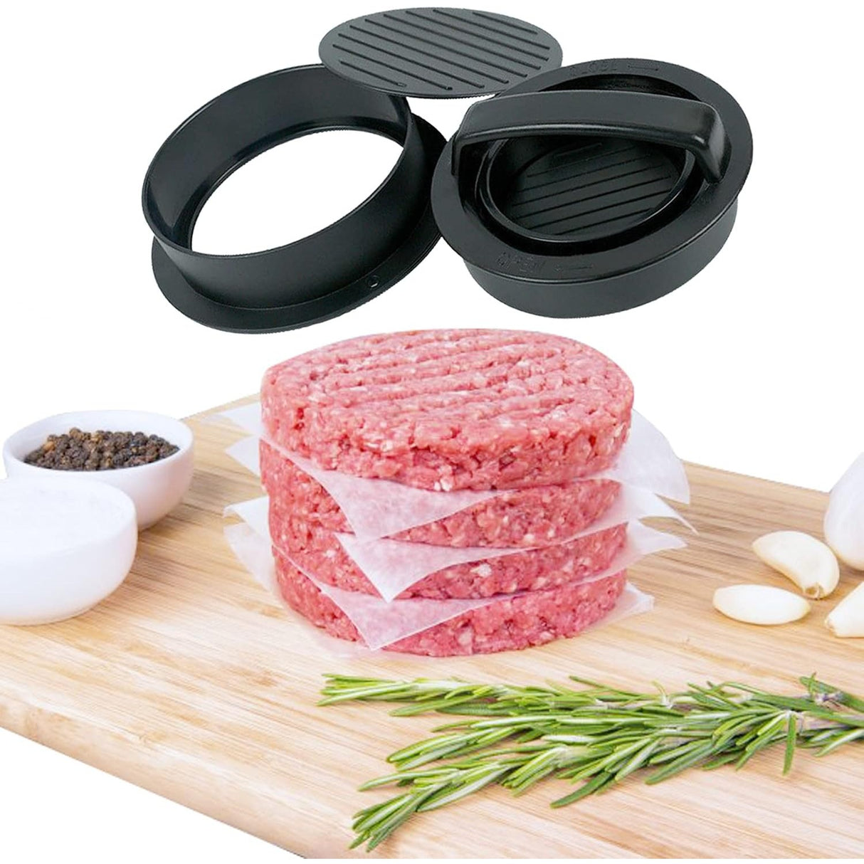 Presa Dubla Pentru Hamburgeri 2 In 1, Forma Si Presa, Doua Dimensiuni, Cu Maner, Usor De Curatat Si Folosit, Material Abs, 100 De Foi Hartie De Copt Incluse, 13X13.5X7 Cm, Fara Lipire, Neagra - vivimall.ro