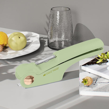 Presa Multifunctionala pentru Usturoi 4in1, Vivimall, Presa, Feliator, Desfacator de Borcane, Curatator Fructe/Legume, 22 x 8.8 cm, Verde - vivimall.ro