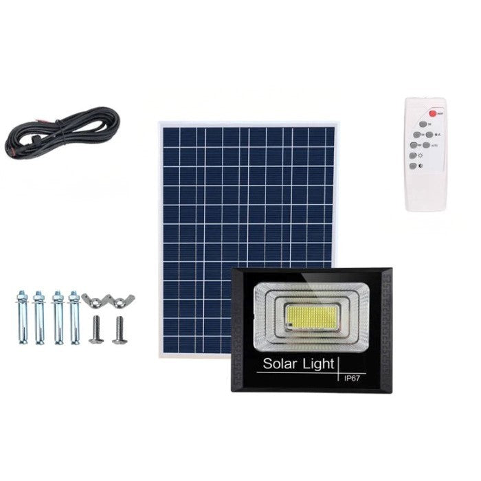 Proiector Led/Lampa Solara De Exterior, 15 Cm X 12 Cm, Rezistent La Apa Ip67, Cu Panou Solar, 100 Led Smd, 30W, Senzor De Lumina, Timer, Cu Telecomanda, 2 Moduri De Iluminat, Kit Montaj Inclus, Lumina Rece - vivimall.ro