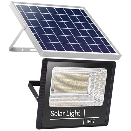 Proiector LED/Lampa solara de exterior  15 cm x 12 cm, Rezistent la Apa IP67, cu Panou Solar, 100 LED SMD, 30W, Senzor de lumina, Timer, cu Telecomanda, 2 moduri de iluminat, kit montaj inclus, Lumina Rece - vivimall.ro