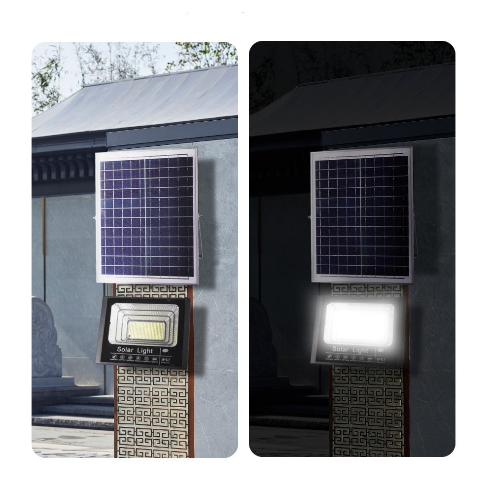 Proiector LED/Lampa solara de exterior Vivimall, 22 cm x 27 cm, Rezistent la Apa IP67, cu Panou Solar, 281 LED SMD, 100W, Senzor de lumina, Timer, cu Telecomanda, 2 moduri de iluminat, kit montaj inclus, Lumina Rece - vivimall.ro