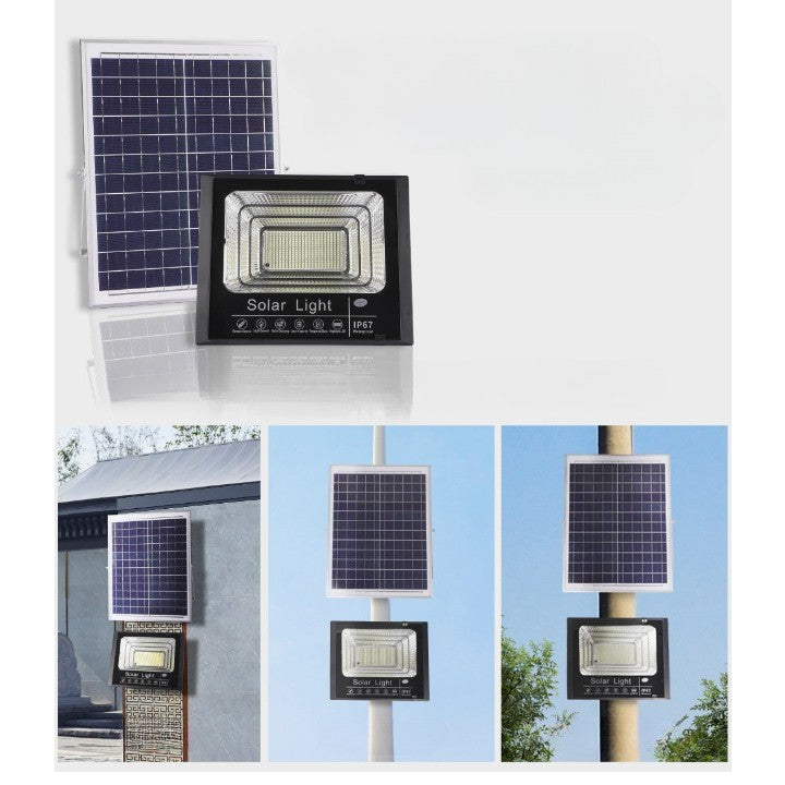 Proiector Led/Lampa Solara De Exterior, 20 Cm X 25 Cm, Rezistent La Apa Ip67, Cu Panou Solar, 220 Led Smd, 100W, Senzor De Lumina, Timer, Cu Telecomanda, 2 Moduri De Iluminat, Kit Montaj Inclus, Lumina Rece - vivimall.ro