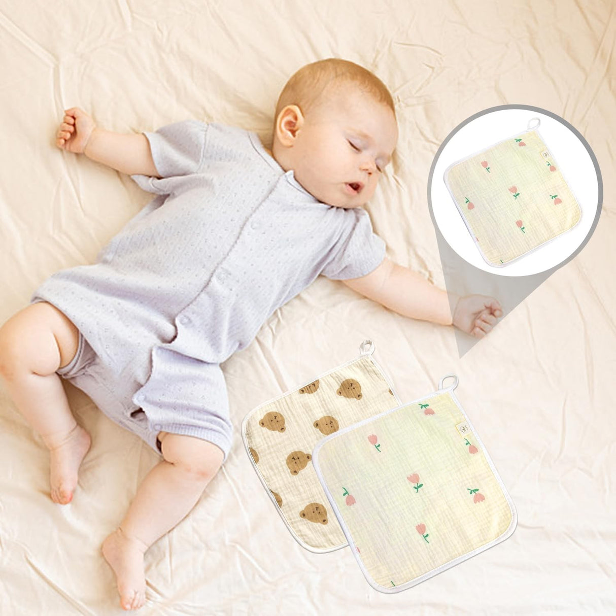 Prosop Absorbant, Vivimall, din Bumbac, 25 x 25 cm, Model Stelute, cu Agatatoare, Bej - vivimall.ro