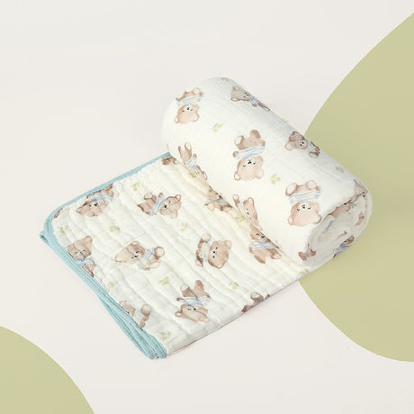 Prosop de baie din bumbac si tifon pentru Bebelusi, Vivimall, cu Sase Straturi, pentru Copii, 110x110 cm, Model Ursuleti, Bej Albastru - vivimall.ro