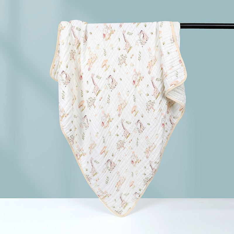 Prosop de baie din bumbac si tifon pentru Bebelusi, Vivimall, cu Sase Straturi, pentru Copii, 110x110 cm, Model Girafe, Bej Galben - vivimall.ro