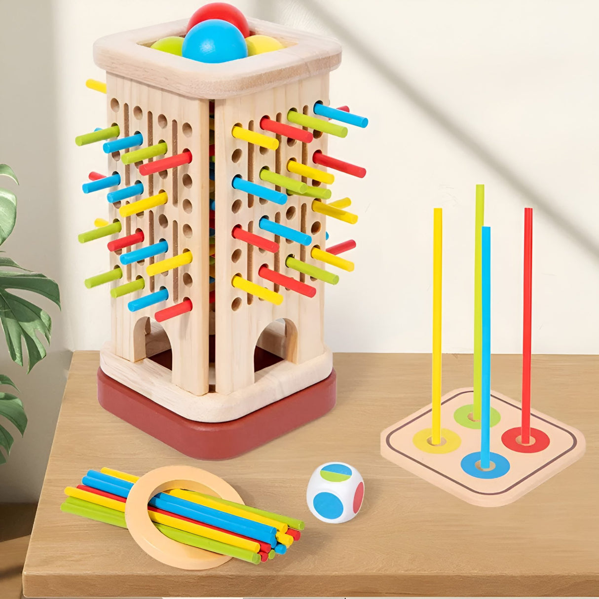Jucarie Interactiva  Montessori, Flippy, 3 in 1 din Lemn, Joc Educativ pentru Copii, Turnul cu Betisoare si Bile, Dezvolta Motricitatea Fina si Logica, 3 ani+, Multicolor - vivimall.ro