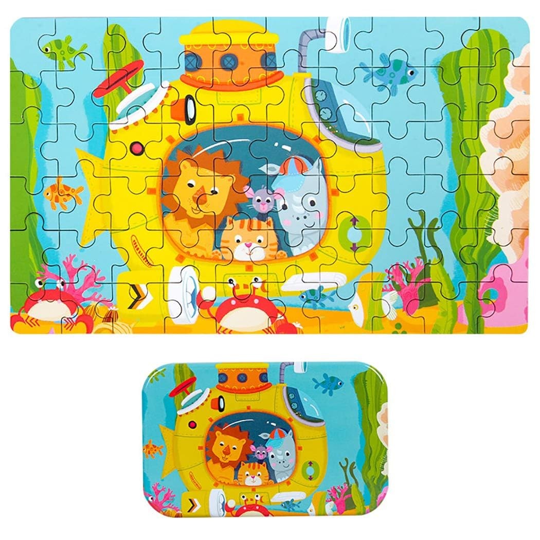 Puzzle 60 de Piese din Lemn in Cutie Metalica, Vivimall, Model Submarin, Educativ, Dezvoltare Abilitati Cognitive, pentru Prescolari, 22.5x13.5 cm, Multicolor - vivimall.ro