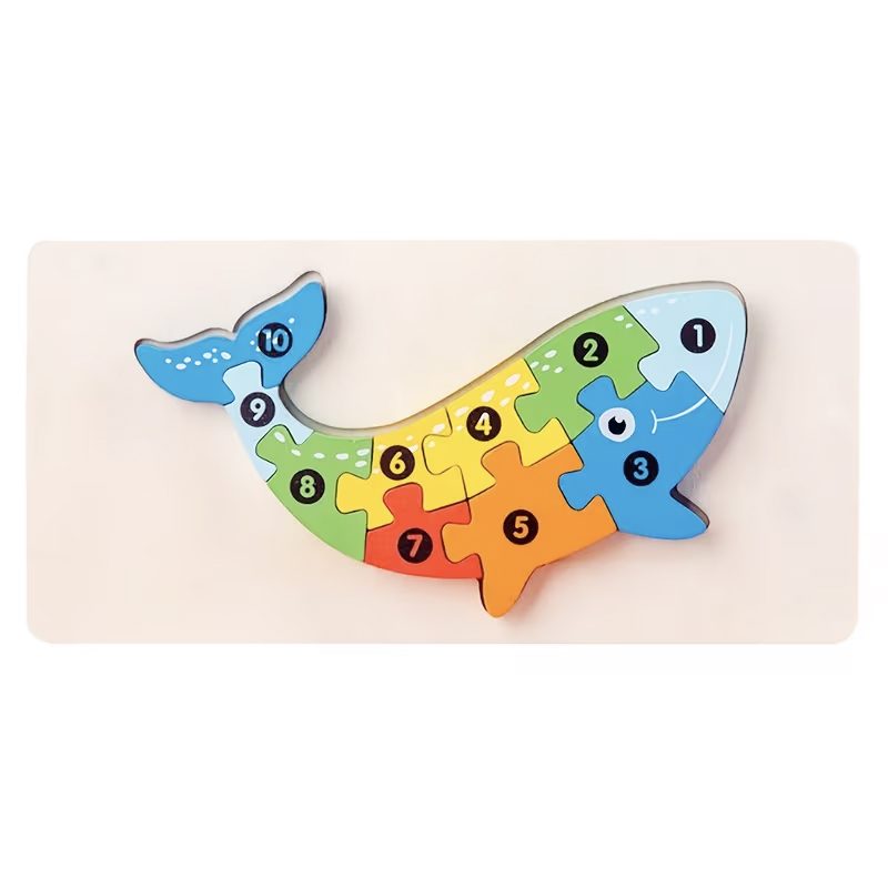 Puzzle din Lemn 3D Montessori, Flippy, Jucarie Educativa pentru Copii, 0-3 Ani, Vopsea Ecologica, Dezvolta Motricitatea Fina, Coordonarea, Logica,  11 Piese, Model Balena, Multicolor - vivimall.ro