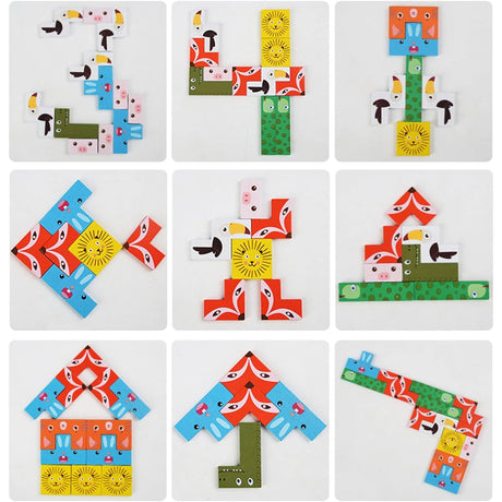 Puzzle din Lemn Vivimall, Tip Tetris, +4 Ani, cu Animale Colorate 3D, 40 Piese, Multicolor - vivimall.ro