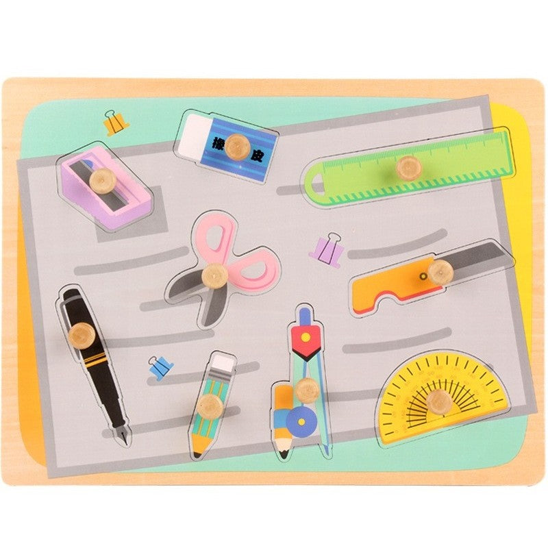 Puzzle Montessori Din Lemn Pentru Copii, 0-3 Ani, 3D, Model Instrumente Matematice, Educativ, Intuitiv, Creativ, 9 Piese, 30X22.5X0.8 Cm, Multicolor - vivimall.ro