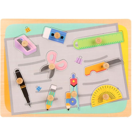 Puzzle Montessori din Lemn pentru Copii, Vivimall, 0-3 Ani, 3D, Model Instrumente Matematice, Educativ, Intuitiv, Creativ, 9 Piese, 30x22.5x0.8 cm, Multicolor - vivimall.ro
