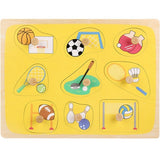Puzzle din lemn Montessori 3D model Sporturi, 9 piese multicolor, pentru copii 0-3 ani, vedere frontală
