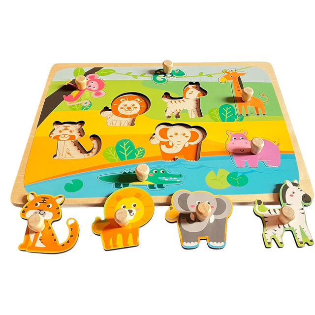 Puzzle Montessori din Lemn pentru Copii, Vivimall, 0-3 Ani, Model Animale din Jungla, Educativ, Intuitiv, Creativ, 9 Piese, 30x22.5x0.8 cm, Multicolor - vivimall.ro