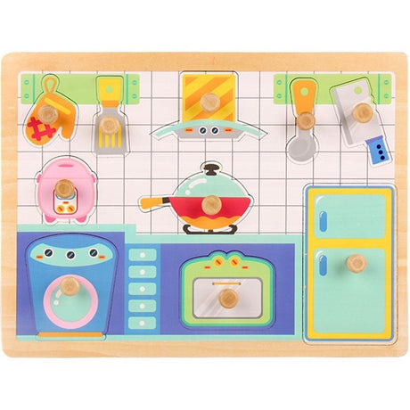 Puzzle Montessori Din Lemn Pentru Copii, 3D, 0-3 Ani, Model Bucatarie, Educativ, Intuitiv, Creativ, 10 Piese, 30X22.5X0.8 Cm, Multicolor - vivimall.ro