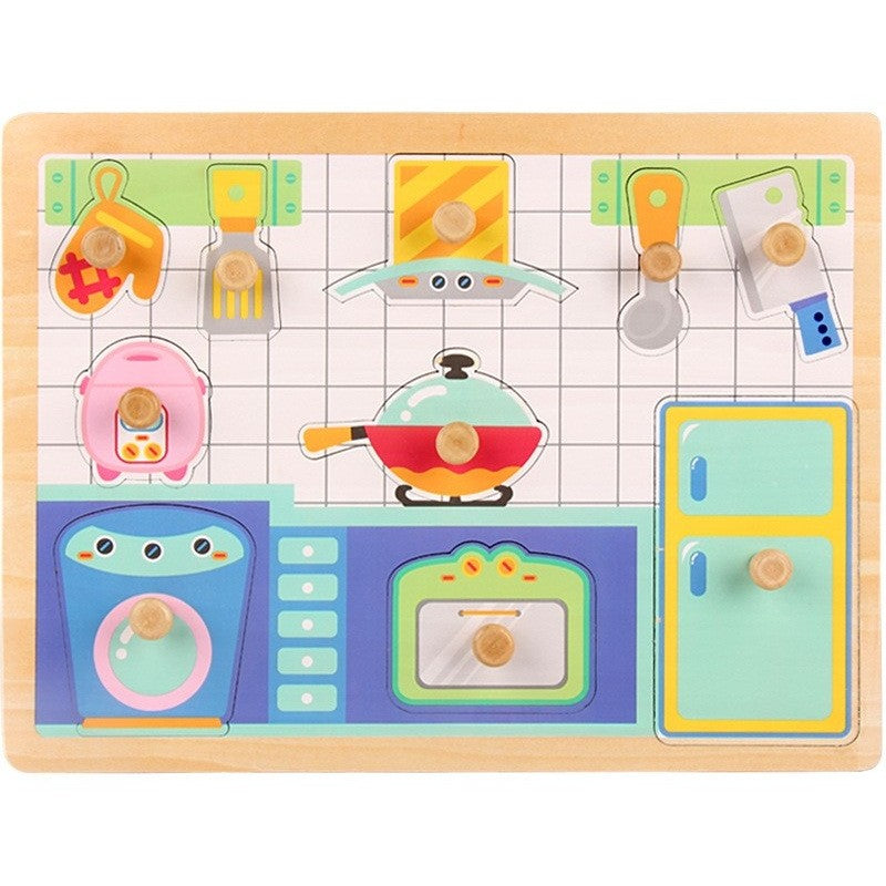 Puzzle Montessori din Lemn pentru Copii, Vivimall, 3D, 0-3 Ani, Model Bucatarie, Educativ, Intuitiv, Creativ, 10 Piese, 30x22.5x0.8 cm, Multicolor - vivimall.ro
