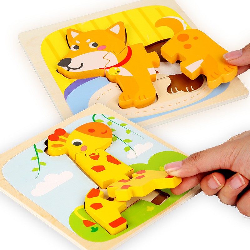 Puzzle Montessori din Lemn pentru Copii, Vivimall, 3D, 0-3 Ani, Model Catel, Educativ, Intuitiv, Creativ, 3 Piese, 15x15x0.5 cm, Multicolor - vivimall.ro