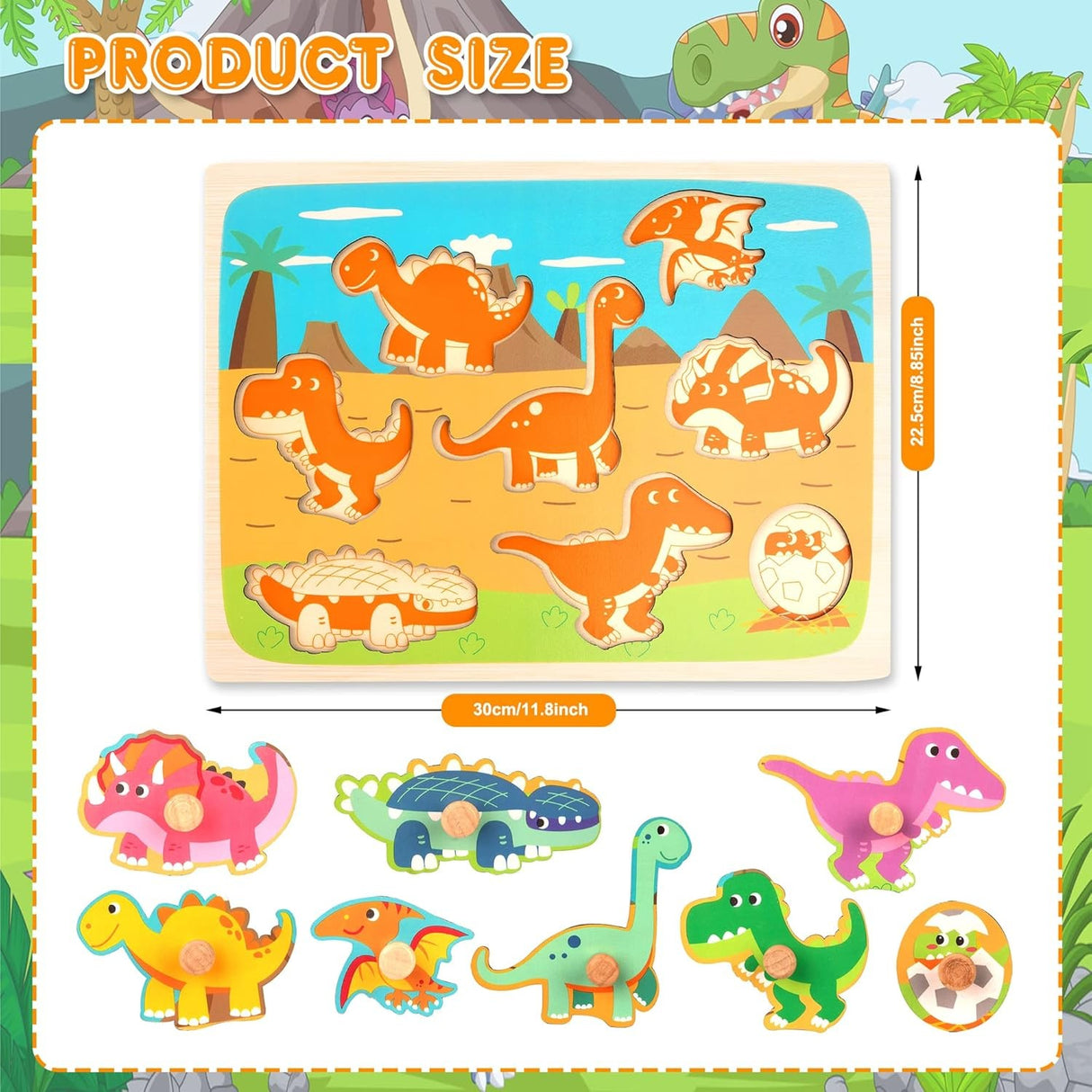 Puzzle Montessori din Lemn pentru Copii, Vivimall, 3D, 0-3 Ani, Model Dinozauri, Educativ, Intuitiv, Creativ, 8 Piese, 30x22.5x0.8 cm, Multicolor - vivimall.ro