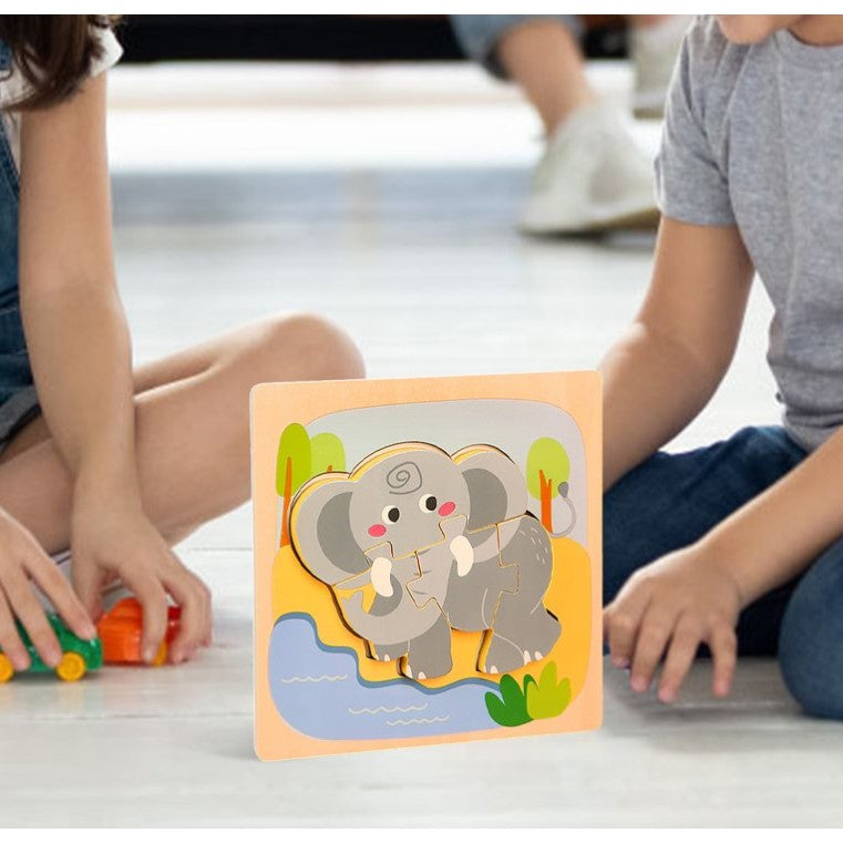 Puzzle Montessori Din Lemn Pentru Copii, 3D, 0-3 Ani, Model Elefant, Educativ, Intuitiv, Creativ, 4 Piese, 15X15X0.5 Cm, Multicolor - vivimall.ro