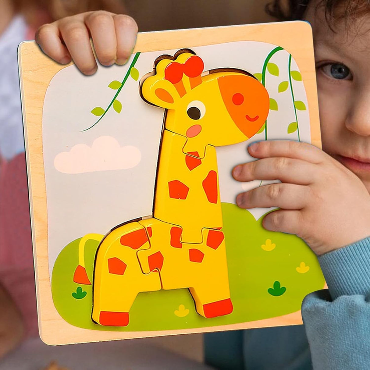 Puzzle Montessori Din Lemn Pentru Copii, 3D, 0-3 Ani, Model Girafa, Educativ, Intuitiv, Creativ, 4 Piese, 15X15X0.5 Cm, Multicolor - vivimall.ro