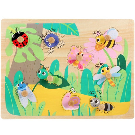 Puzzle Montessori din Lemn pentru Copii, Vivimall, 3D, 0-3 Ani, Model Insecte, Educativ, Intuitiv, Creativ, 9 Piese, 30x22.5x0.8 cm, Multicolor - vivimall.ro
