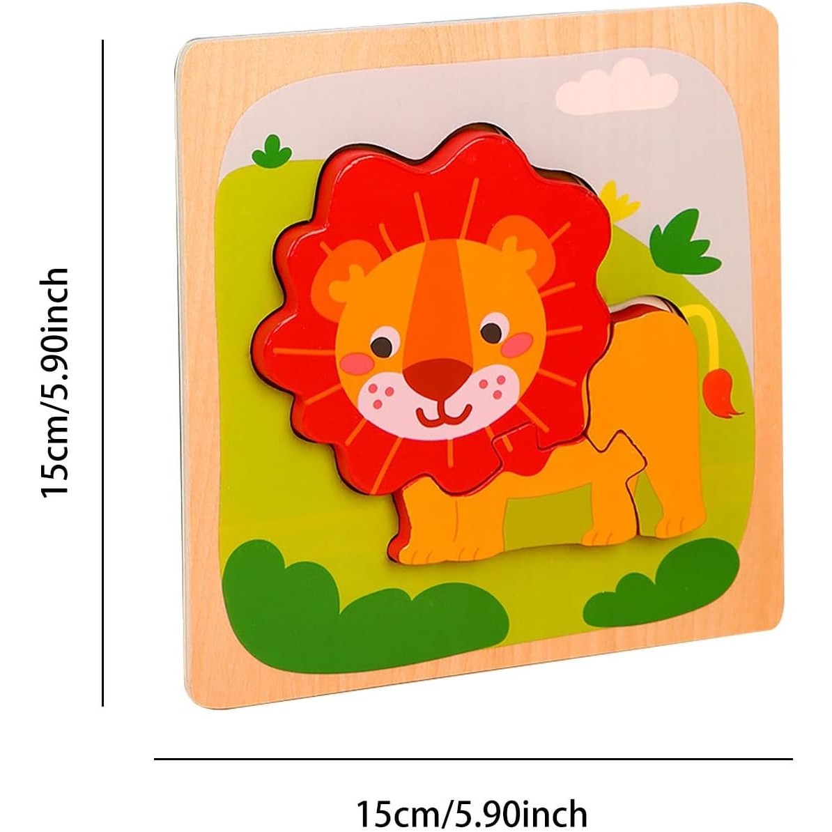 Puzzle Montessori din Lemn pentru Copii, Vivimall, 3D, 0-3 Ani, Model Leu, Educativ, Intuitiv, Creativ, 3 Piese, 15x15x0.5 cm, Multicolor - vivimall.ro