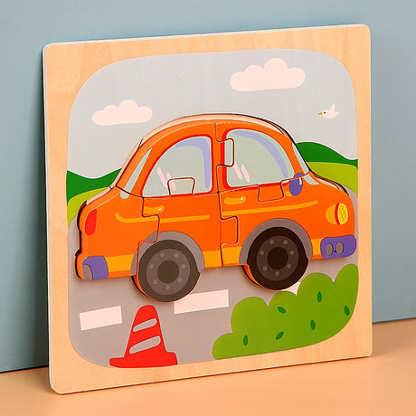 Puzzle Montessori Din Lemn Pentru Copii, 3D, 0-3 Ani, Model Masina, Educativ, Intuitiv, Creativ, 5 Piese, 15X15X0.5 Cm, Multicolor - vivimall.ro