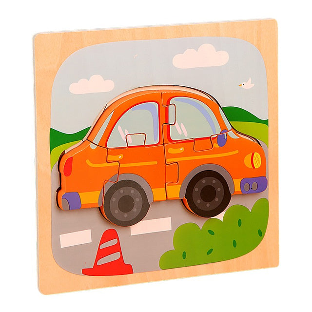 Puzzle Montessori din Lemn pentru Copii, Vivimall, 3D, 0-3 Ani, Model Masina, Educativ, Intuitiv, Creativ, 5 Piese, 15x15x0.5 cm, Multicolor - vivimall.ro