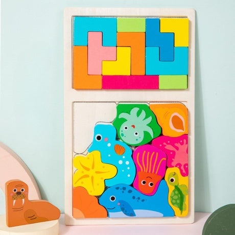Puzzle Montessori Din Lemn Pentru Copii, Tip Tetris 2In1 +3 Ani, Cu Animale Marine Colorate 3D, Educativ, Intuitiv, Creativ, 21 De Piese, 28.5X17X1.2 Cm, Multicolor - vivimall.ro