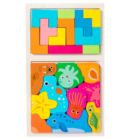 Puzzle Montessori din Lemn pentru Copii, Vivimall, Tip Tetris 2in1 +3 Ani, cu Animale Marine Colorate 3D, Educativ, Intuitiv, Creativ, 21 de Piese, 28.5x17x1.2 cm, Multicolor - vivimall.ro