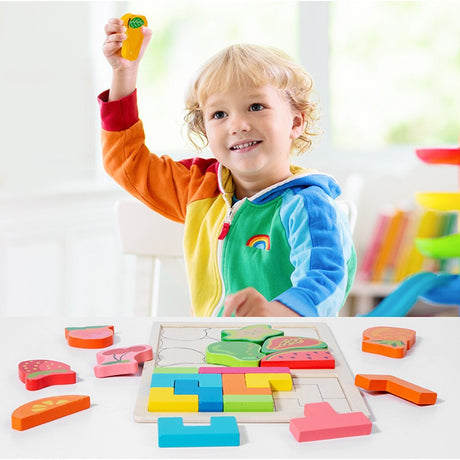 Puzzle Montessori Din Lemn Pentru Copii, Tip Tetris 2In1 +3 Ani, Cu Fructe Colorate 3D, Educativ, Intuitiv, Creativ, 21 De Piese, 28.5X17X1.2 Cm, Multicolor - vivimall.ro