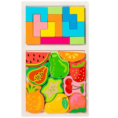 Puzzle Montessori din Lemn pentru Copii, Vivimall, Tip Tetris 2in1 +3 Ani, cu Fructe Colorate 3D, Educativ, Intuitiv, Creativ, 21 de Piese, 28.5x17x1.2 cm, Multicolor - vivimall.ro
