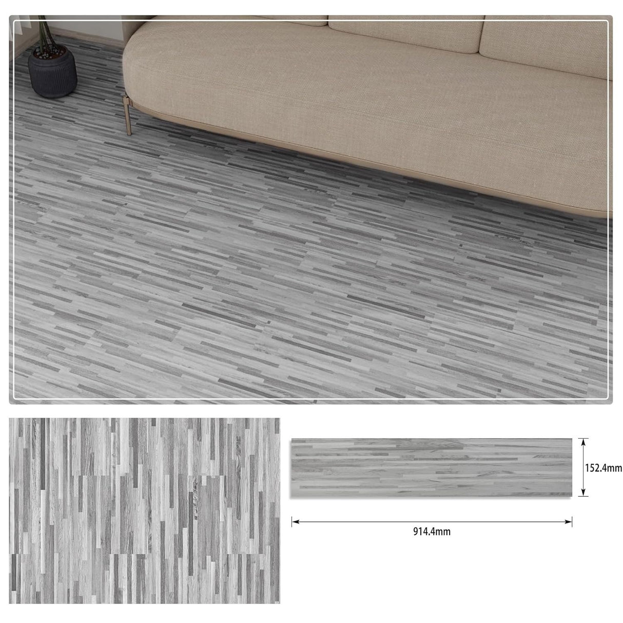 Set 36 Placi Autoadezive pentru Pardoseala, Flippy, din PVC, Impermeabil, Ignifug, Usor de Curatat, Dimensiune Placa 91.44 x 15.24 cm, Grosime 1.5 mm, Acoperire 5 m2, Model 4, Gri - vivimall.ro