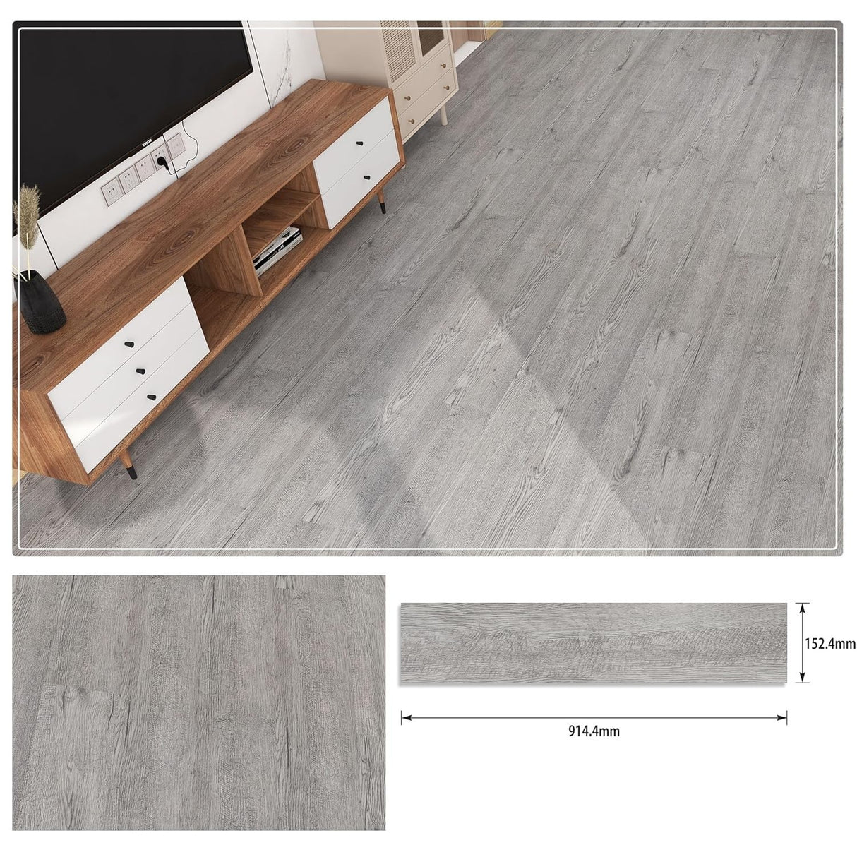 Set 36 Placi Autoadezive pentru Pardoseala, Flippy, din PVC, Impermeabil, Ignifug, Usor de Curatat, Dimensiune Placa 91.44 x 15.24 cm, Grosime 1.5 mm, Acoperire 5 m2, Model 3, Gri - vivimall.ro