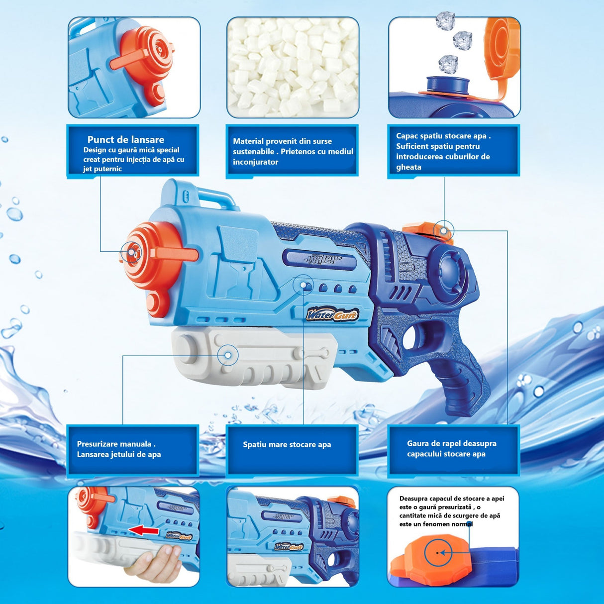 Pistol cu Apa pentru Copii, Rezervor, Pentru Piscina/Plaja, Vivimall, 6ani+,  Albastru, 990ML - vivimall.ro