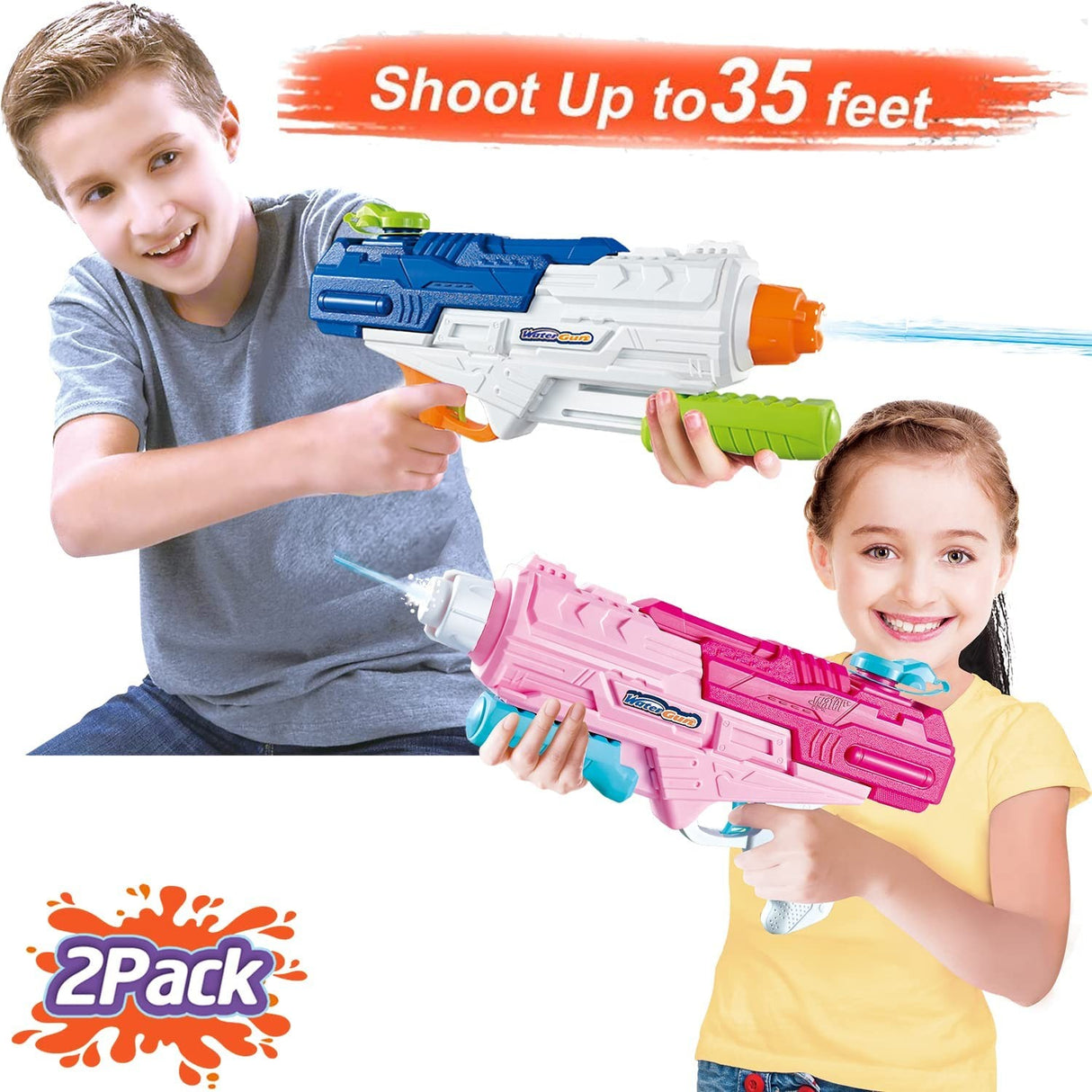 Set 2X Pistol Cu Apa Pentru Copii, Rezervor, Pentru Piscina/Plaja, 6Ani+, Roz + Albastru, 1200 Ml - vivimall.ro