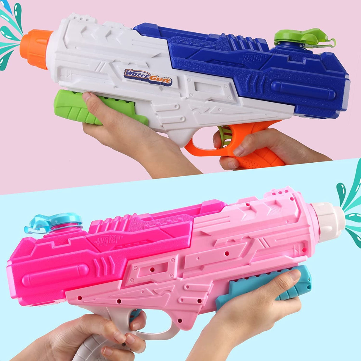 Set 2X Pistol Cu Apa Pentru Copii, Rezervor, Pentru Piscina/Plaja, 6Ani+, Roz + Albastru, 1200 Ml - vivimall.ro