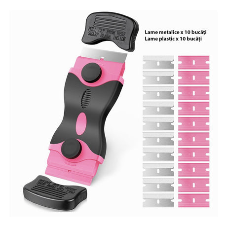 Racletă Flippy roz pentru bucătărie, detaliu maner ergonomic anti-alunecare și sistem fixare lamă