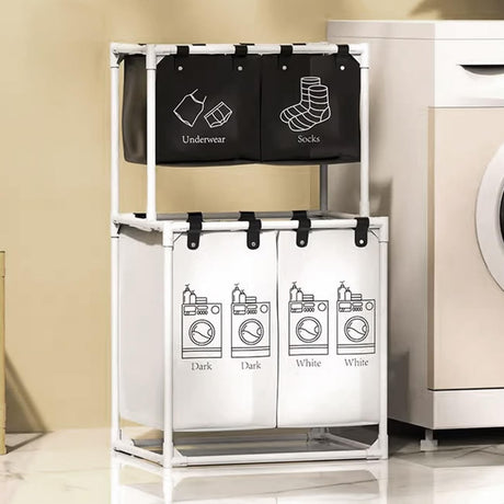 Cos de Rufe, Vivimall, cu 2 Etaje, 4 Cosuri, Cadru de Otel Inoxidabil, 97x44x57 cm, Alb - vivimall.ro