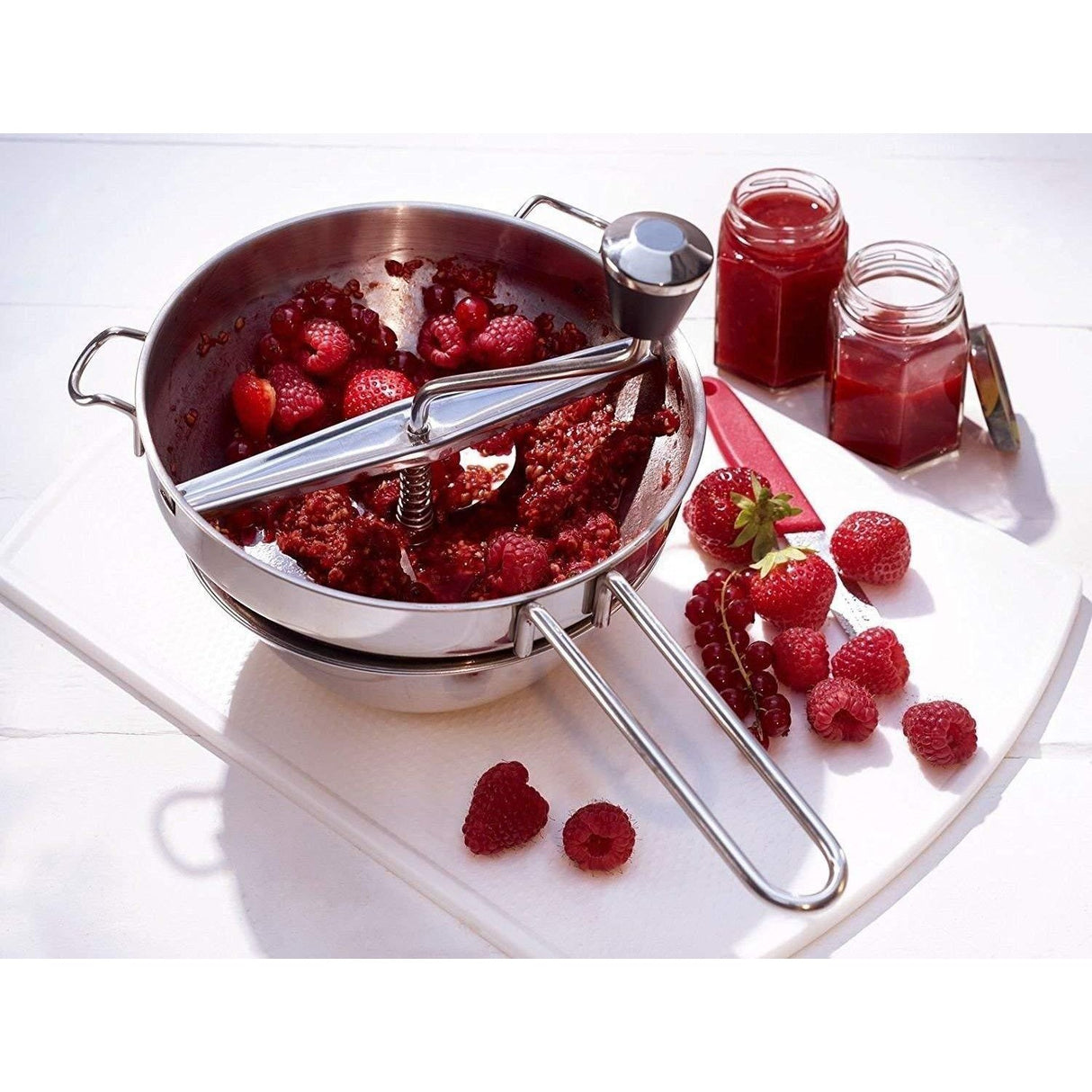 Rasnita Manuala pentru Fructe, Vivimall, din Otel Inoxidabil, Macinare Alimentelor pentru Bebelusi, 3 Discuri de Macinat, Presa, pentru Tocat Cartofi, 19x20x33 cm, Argintiu - vivimall.ro