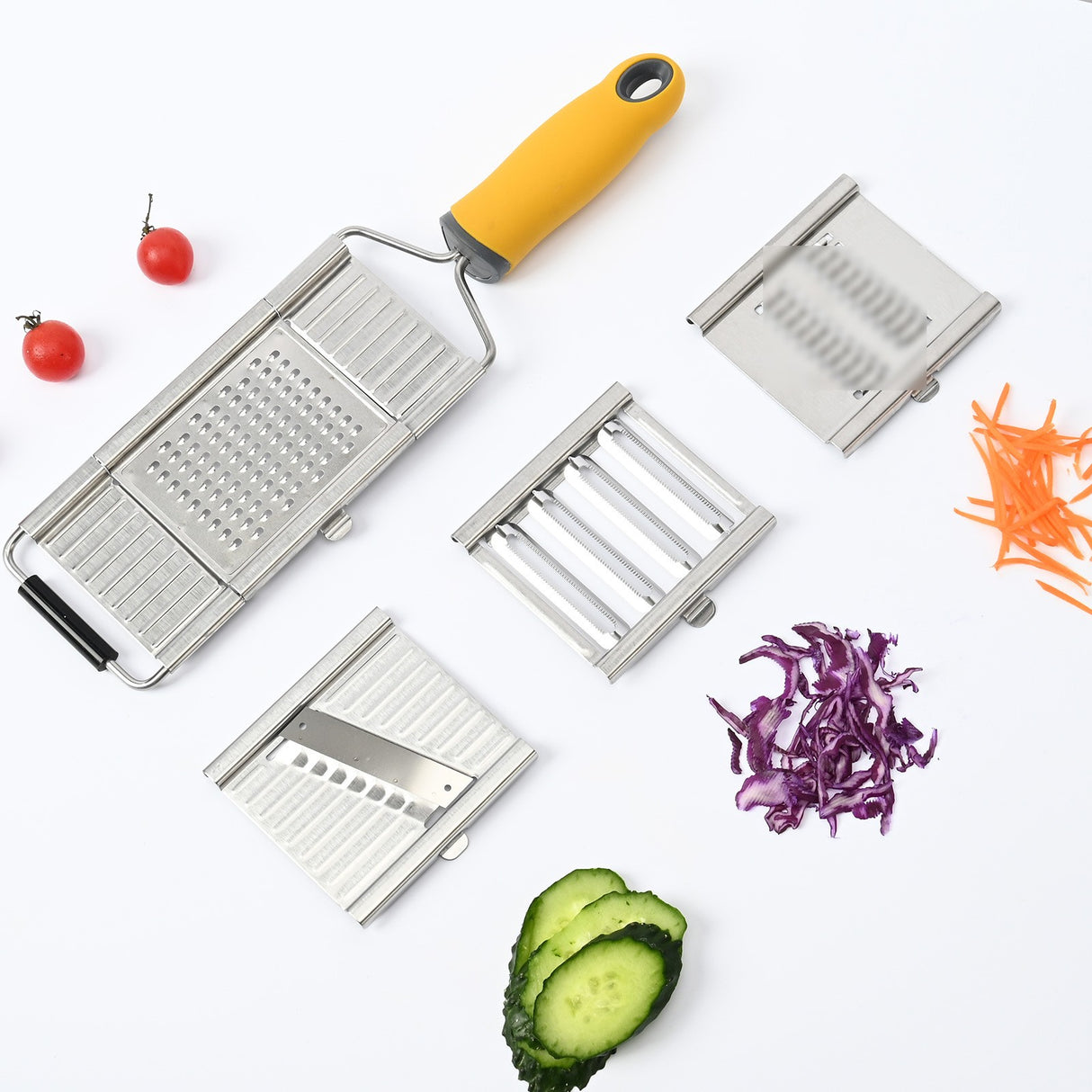 Razatoare multifunctionala Vivimall, Inox, 4 tipuri de lame, usor de manevrat, maner din ABS ergonomic,33 x 8.6 cm, periuta curatare inclusa, Lame interschimbabile, Argintiu - vivimall.ro