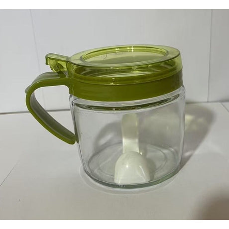 Recipient Condimente, Vivimall, din Stilca, 180 ml, cu Maner si Lingurita, 8 x 9 cm, Capac Transparent, Verde - vivimall.ro