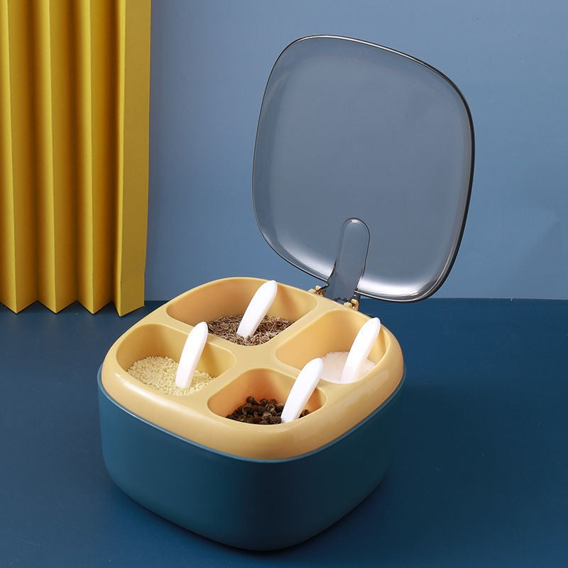 Recipient Pentru Condimente 4 Casute, Potrivit Pentru Sare, Cimbru, Piper, Condimente, 4 Lingurite Din Plastic, Capac Din Plastic, Maner, 14X14X8 Cm - vivimall.ro