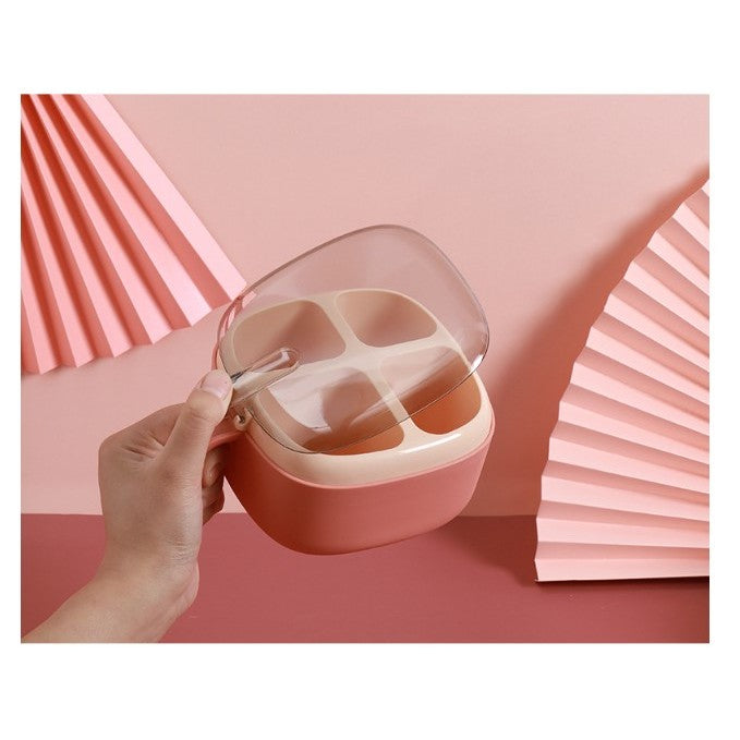 Recipient pentru condimente Vivimall, 4 casute, potrivit pentru sare, cimbru, piper, condimente, 4 lingurite din plastic, capac din plastic, maner, 14x14x8 cm, roz - vivimall.ro