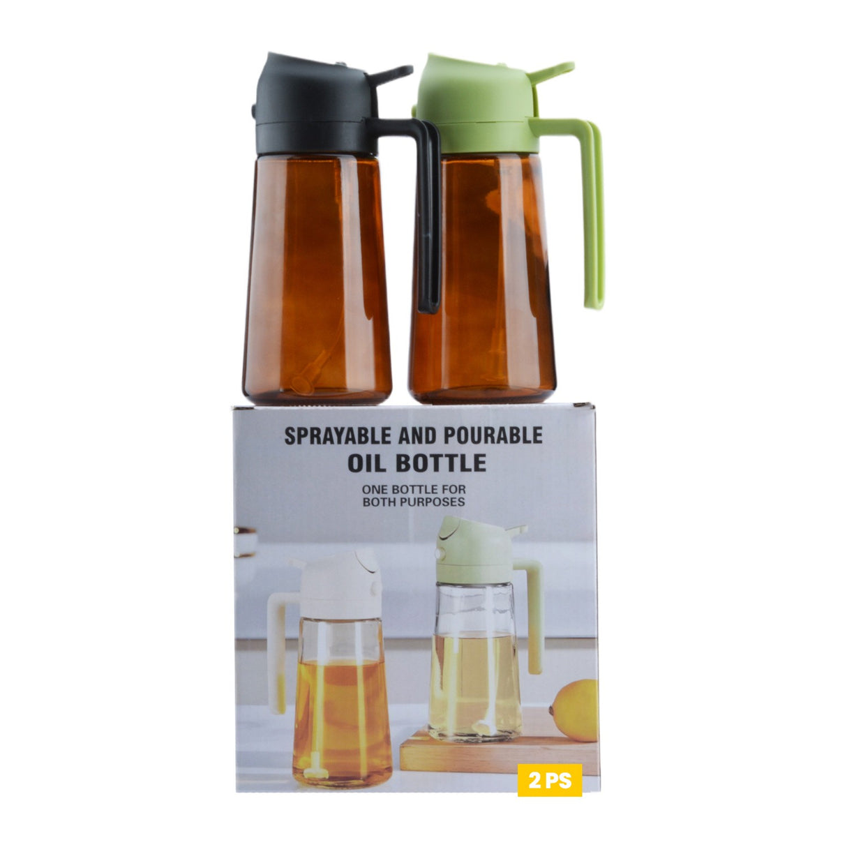 Recipient pentru Ulei 2 in 1, Vivimall, Set 2 Bucati, Functie Spray & Turnare, din Sticla, Fara Scurgere, 18.5 x 8 x 8 cm, 470 ml/buc, Sticla Maro, Verde/Negru - vivimall.ro
