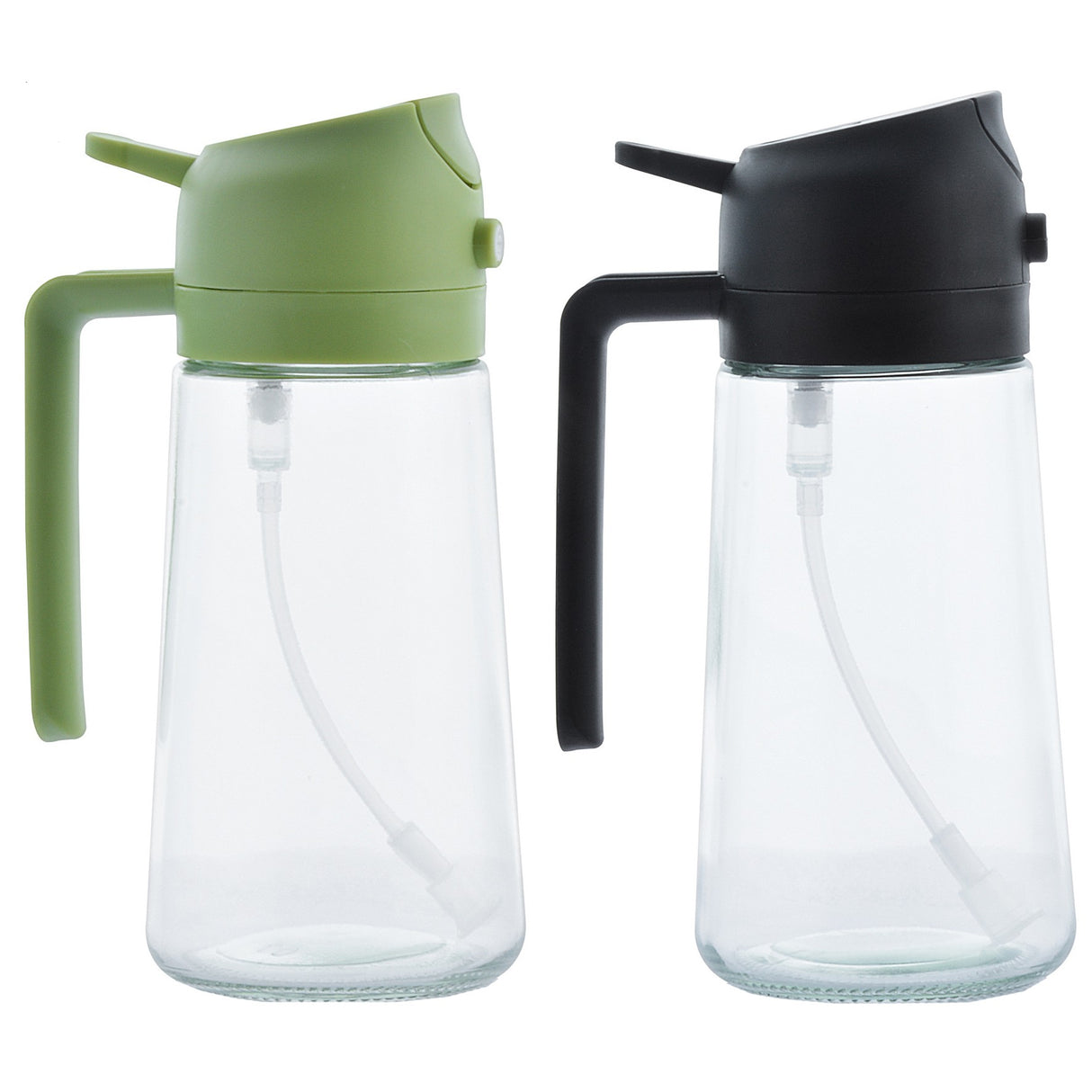 Recipient pentru Ulei 2 in 1, Vivimall, Set 2 Bucati, Functie Spray & Turnare, din Sticla, Fara Scurgere, 18.5 x 8 x 8 cm, 470 ml/buc, Sticla Teansparenta, Verde/Negru - vivimall.ro