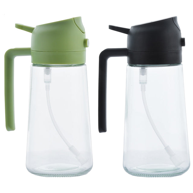Recipient pentru Ulei 2 in 1, Vivimall, Set 2 Bucati, Functie Spray & Turnare, din Sticla, Fara Scurgere, 18.5 x 8 x 8 cm, 470 ml/buc, Sticla Teansparenta, Verde/Negru - vivimall.ro