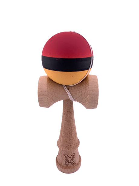RESIGILAT - Kendama X Originala, Profesionala, Flippy, din Lemn, Rubber Grip, 18 cm, Rosu/Negru/Galben - vivimall.ro