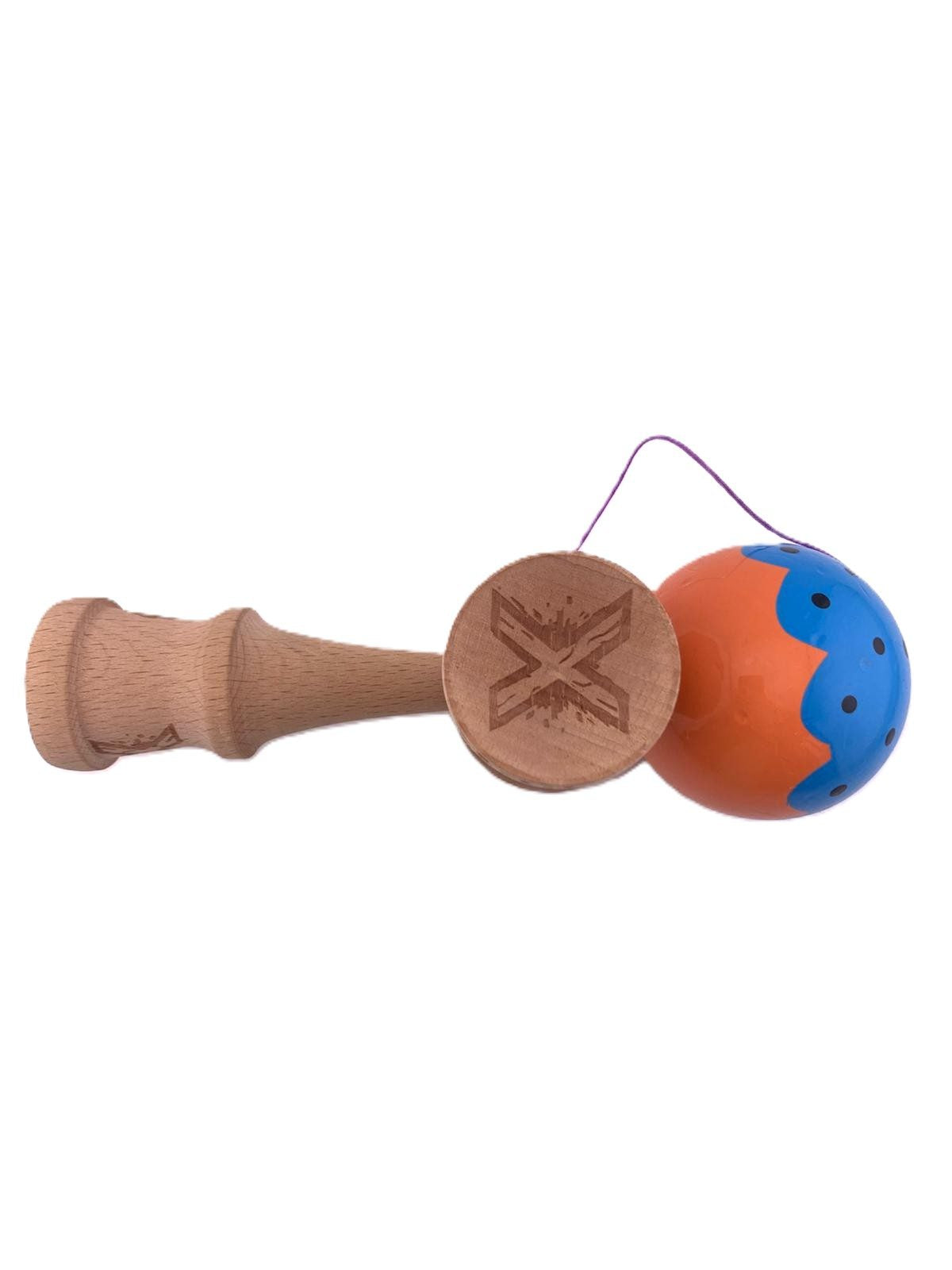 RESIGILAT - Kendama X Originala, Profesionala, Flippy, Super Sticky cu Cupe Mari KING SIZE V3, Gaura in Baza, Rulment Metalic, din lemn 18 cm, Ata 62/65 cm, Special Albastru/Portocaliu - vivimall.ro