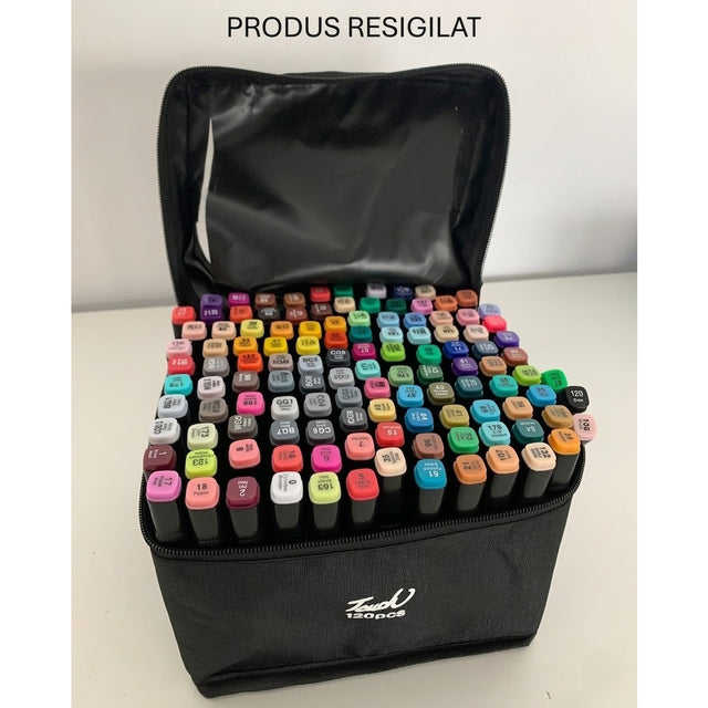 Set 120 markere duble Flippy pe bază de alcool, culori numerotate, vedere frontală cu toate markerele aranjate