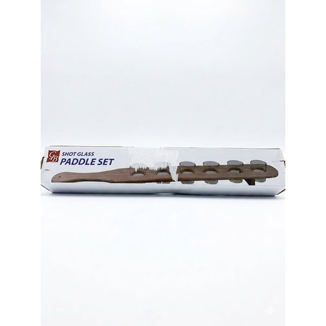 RESIGILAT - Set 6 Pahare Shot din Sticla Flippy, cu Suport din Lemn, Design Rustic, 49.5 x 7 x 6.5 cm, Maro - vivimall.ro